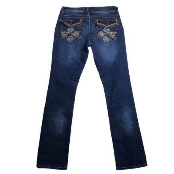 UNIONBAY Skinny Boot Distressed Boho Jean 30x31 Blue Low Rise Embroidered Size 5 - Picture 4 of 12
